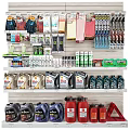 Neatly Arranged Retail Display Shelves Holding Cleaning Products Tools And Lubricant Bottles