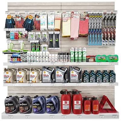 Neatly Arranged Retail Display Shelves Holding Cleaning Products Tools And Lubricant Bottles 3d model