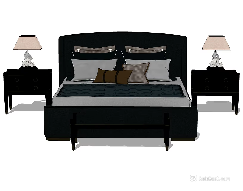 Double Bed With Black Headboard Multiple Pillows Nightstands And Table Lamps 3d model