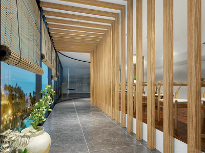 Hotel Corridor Featuring Wooden Ceiling Beams Bamboo Blinds Gray Tiled Floor And Green Plants 3d model