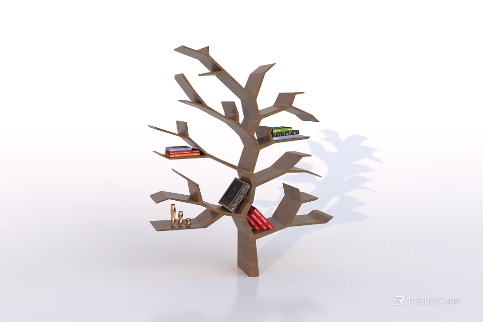 Creative Tree Shaped Bookcase With Books And Decorative Items On Shelves 3d model