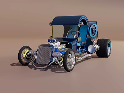 Blue Vintage Custom Hot Rod Car With Exposed Engine And Large Wheels 3d model