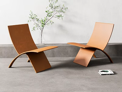 Modern Brown Leisure Chairs with Curved Structure in Minimalist Interior and Green Plant Decoration 3d model