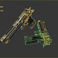 Dual Futuristic Tactical Weapons with Silver Red Bodies and Orange Accents in Sleek Modern Design