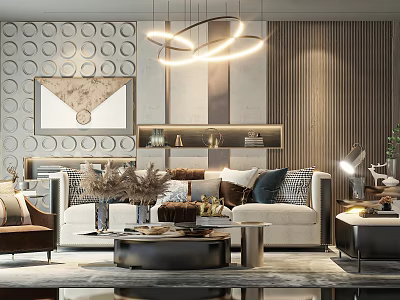 Elegant Modern Sofa And Coffee Table Set With Circular Pattern Wall And Pendant Lights 3d model
