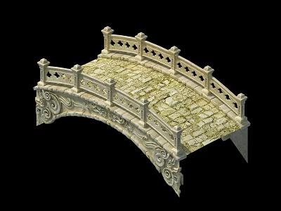 Arched Stone Bridge with Intricate Carved Railings and Textured Stone Brick Surface 3d model