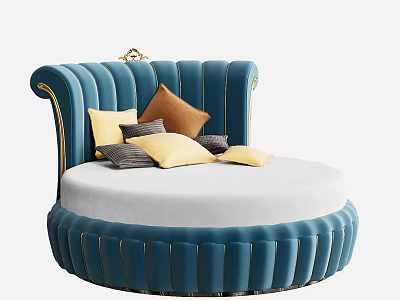 Blue Round Unique Shaped Sofa With Gold Accents And Colorful Cushions 3d model