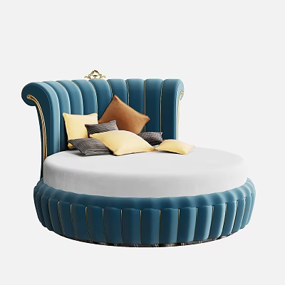 Blue Round Unique Shaped Sofa With Gold Accents And Colorful Cushions 3d model