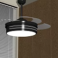 Modern Ceiling Air Conditioning Fan With Light In Room Wooden Walls And Window Blinds