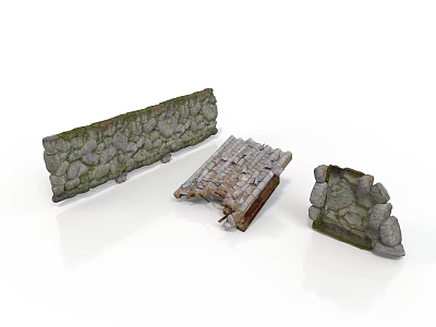Natural Wood And Stone Architectural Decorative Components With Stone Walls And Wooden Structures 3d model