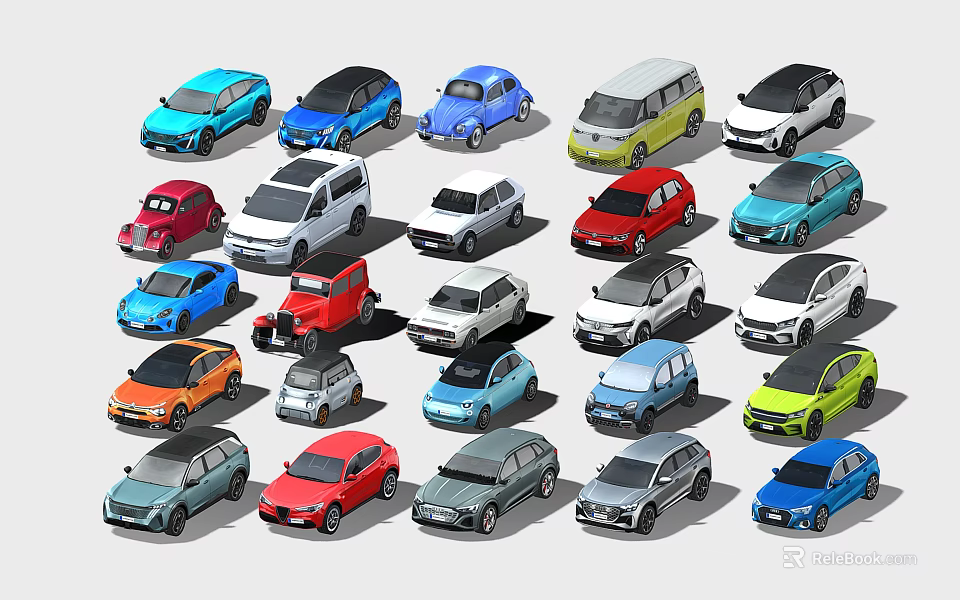Cartoon Style Cars In Various Colors And Different Styles Arranged Together 3d model 