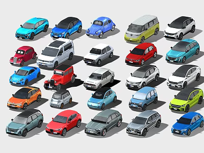 Cartoon Style Cars In Various Colors And Different Styles Arranged Together 3d model