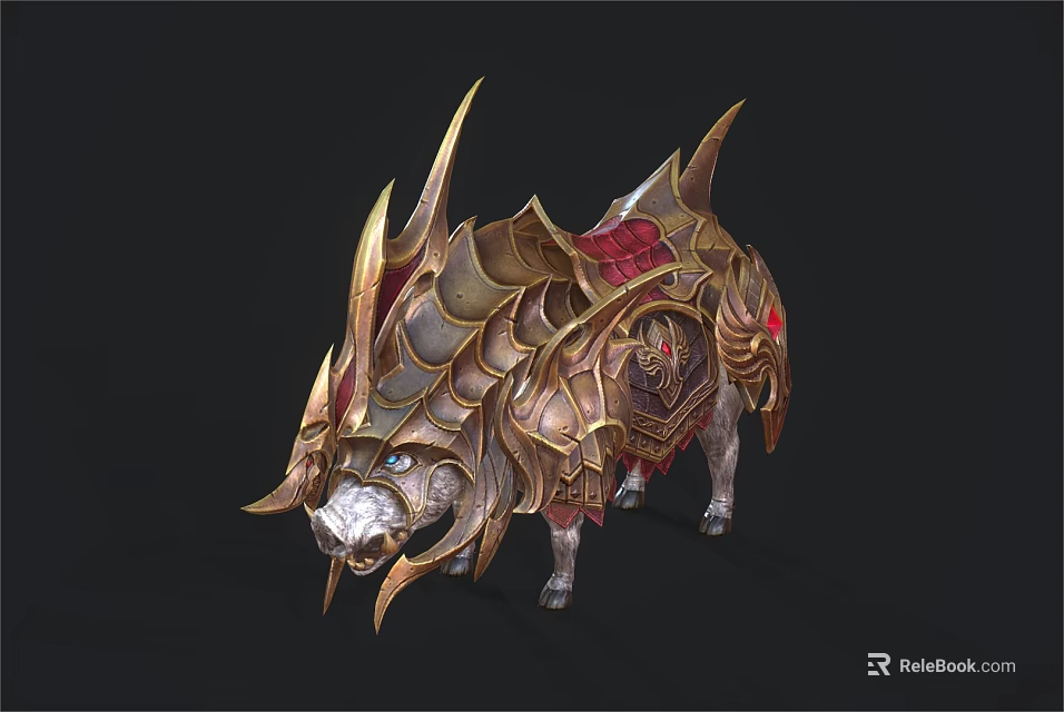 Armored Fantasy Boar Creature With Golden Metallic Armor Red Decorative Spikes And Sharp Horns 3d model 
