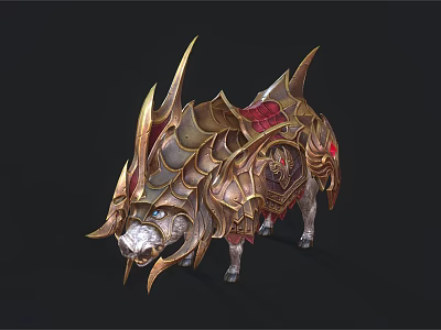 Armored Fantasy Boar Creature With Golden Metallic Armor Red Decorative Spikes And Sharp Horns 3d model