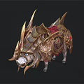 Armored Fantasy Boar Creature With Golden Metallic Armor Red Decorative Spikes And Sharp Horns