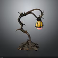 Rustic Antler Shaped Table Lamp With Curved Metal Pole Glass Lantern Shade And Illuminated Base
