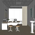 Modern Office Interior With Desk Chair Computer Wall Art Curtains And Sink