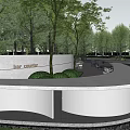 Modern Water Fountain Design With Curved Metal Structure And Surrounding Green Trees