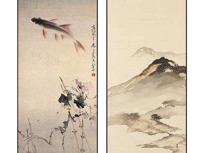 New Chinese Landscape Painting Zen Art Conception Mountain Fish Pattern Hanging Painting Combination model