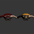 Two Humanoid Characters With Insect Inspired Red Black And Yellow Costumes