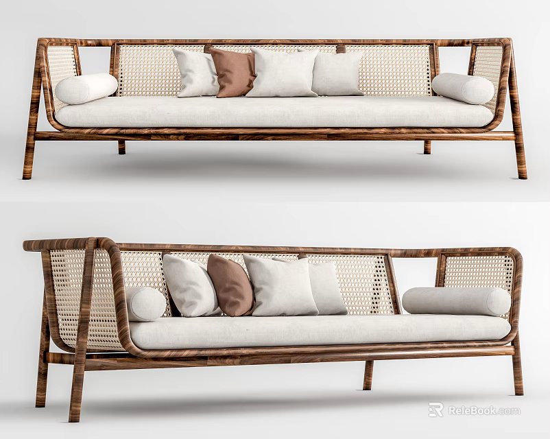 Rattan Woven Sofa With Wooden Frame And Soft Neutral Toned Decorative Cushions 3d model 
