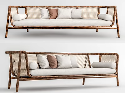 Rattan Woven Sofa With Wooden Frame And Soft Neutral Toned Decorative Cushions 3d model