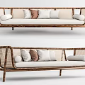 Rattan Woven Sofa With Wooden Frame And Soft Neutral Toned Decorative Cushions