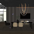 Modern Restaurant Interior With Gold Ring Chandelier Black Dining Table And Green Beige Chairs
