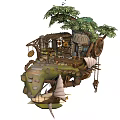 Cartoon Scene Of Fantasy Wooden Hut With Vines Shelves Pots And Hanging Decorations
