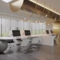 Modern Office Interior Design With Hanging Lights Sofa Black Sculpture Bookshelf Table Chairs
