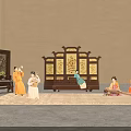 Traditional Chinese Ancient Cultural Scene With Musicians And Ornate Screen Furniture