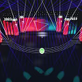 Stage Design with 2003 2023 Numbers Red Blue Background Geometric Shapes and Green Logo Lighting
