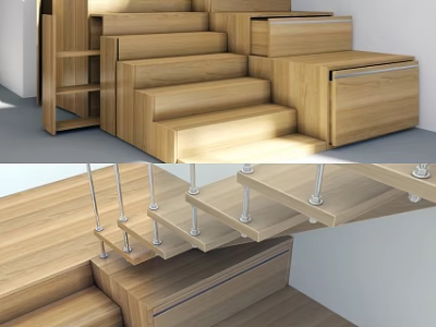 Modern Wooden Staircase Design Featuring Under-Stair Storage And Functional Drawers 3d model