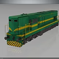 Green Diesel Locomotive With Yellow Stripes And Black Warning Stripes On Reflective Surface