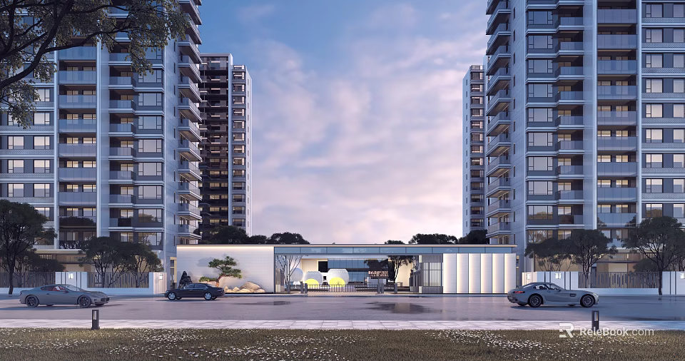 Modern High Rise Building Facade With Glass Curtain Wall And Entrance Design 3d model 