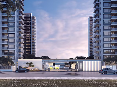 Modern High Rise Building Facade With Glass Curtain Wall And Entrance Design 3d model