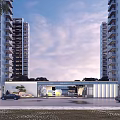 Modern High Rise Building Facade With Glass Curtain Wall And Entrance Design