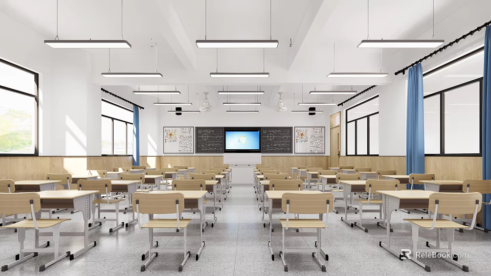 School Classroom Interior With Modern Desks Chairs Smart Board And Bright Lighting 3d model 