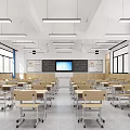 School Classroom Interior With Modern Desks Chairs Smart Board And Bright Lighting