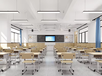 School Classroom Interior With Modern Desks Chairs Smart Board And Bright Lighting 3d model