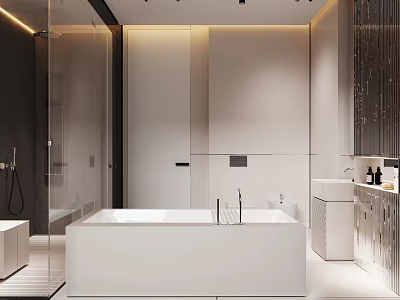 Modern Bathroom Interior Design With White Bathtub Glass Partition And Dark Wall Vanity 3d model