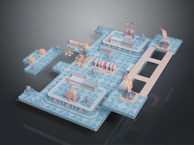 Vibrant Cartoon Scene With Building Platforms Mechanical Devices And Decorative Blue Patterns 3d model