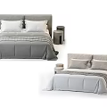 Modern Double Bed With Gray Bedding Headboard Cushions And Side Stools 3d model