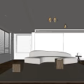 Modern Minimalist Living Room Interior Design With White Curved Sofa Wooden Stumps And Window Blinds