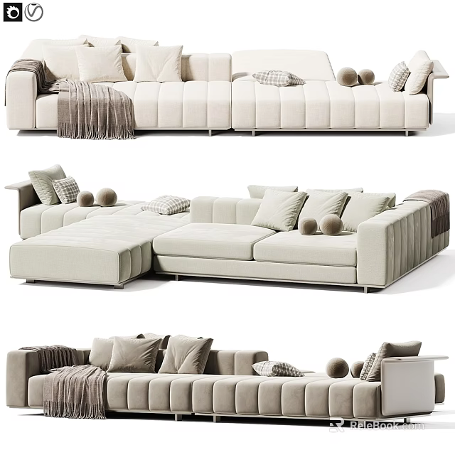 Modern Beige Sectional Sofa With Soft Pillows Throw Blanket And Decorative Balls 3d model