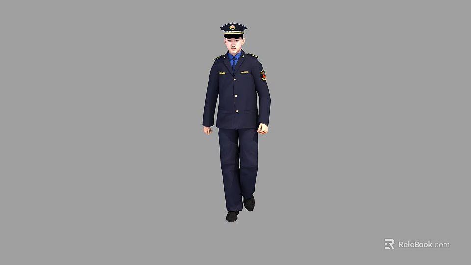 Man Dressed in Dark Blue Official Uniform With Cap and Badge Walking Steadily 3d model 