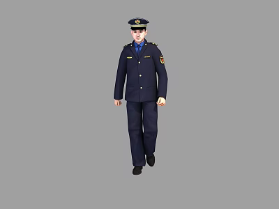 Man Dressed in Dark Blue Official Uniform With Cap and Badge Walking Steadily 3d model