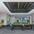 Modern Billiard Room With Multiple Pool Tables Hanging Lights And Bar Counter 3d model