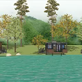 Scenic Waterfront Road Facilities With Wooden Boardwalk And Green Trees