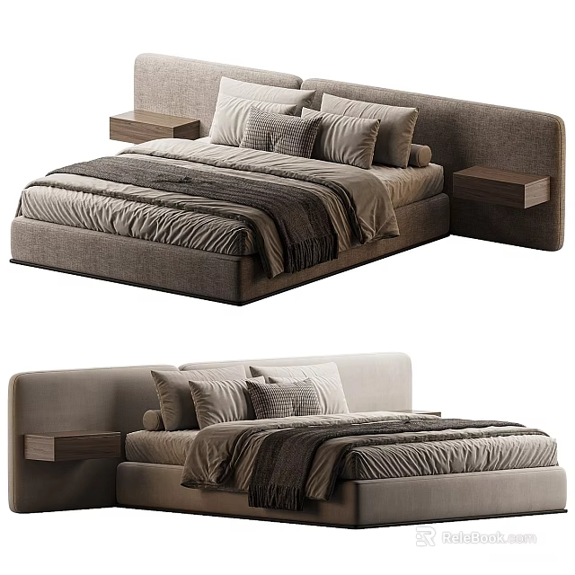 Modern Upholstered Double Bed With Wooden Nightstands And Decorative Pillows 3d model 